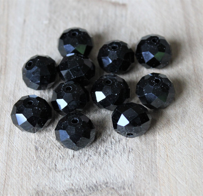 16x12mm Handmade Faceted Crystal Glass Rondelle Bead ~ Black