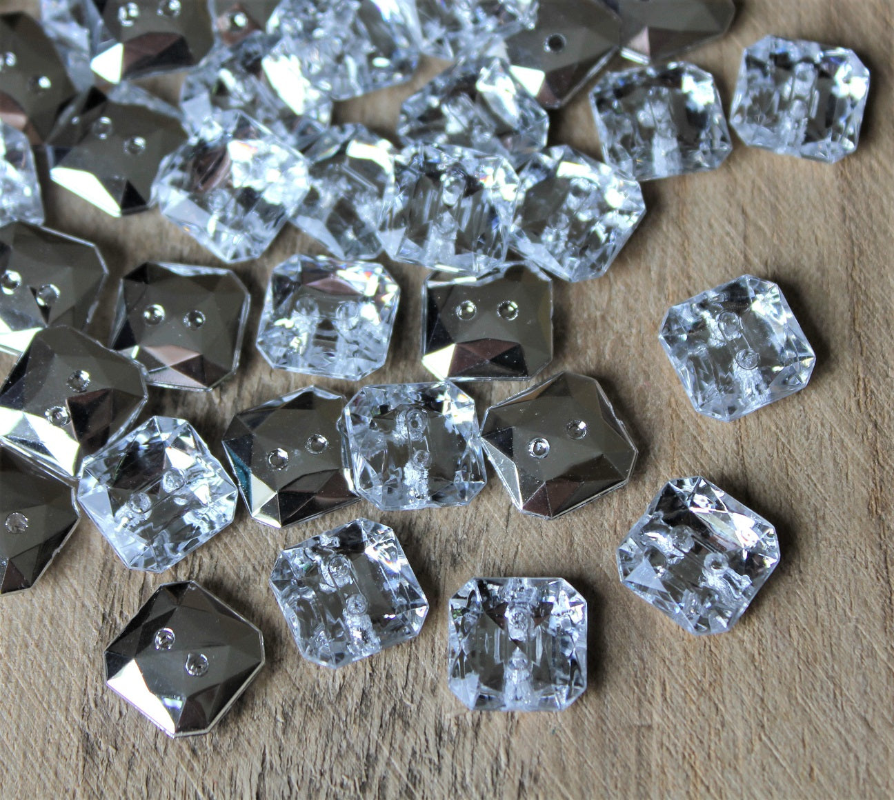 11x11mm Square Faceted Acrylic Buttons ~ Crystal Clear with Silver Bac ...