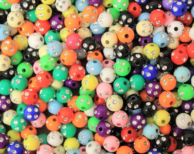 8mm Round Acrylic Beads ~ Mixed Opaque Colours with Silver Foil Dots ~ 50 beads