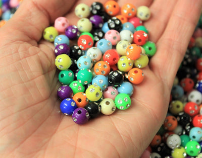 8mm Round Acrylic Beads ~ Mixed Opaque Colours with Silver Foil Dots ~ 50 beads