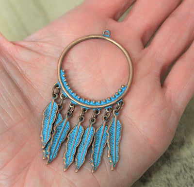 6.6cm x 3.6cm Antique Copper and Blue Patina Pendant with Feather Charms