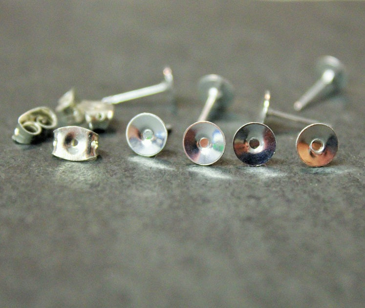 Ear Studs ~ Silver Plated Flat Pad for 6mm Cabochon ~ 10 Pairs