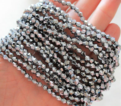1 Strand of Electroplated Glass Bicones ~ 4mm ~ Silver ~ approx. 96 beads