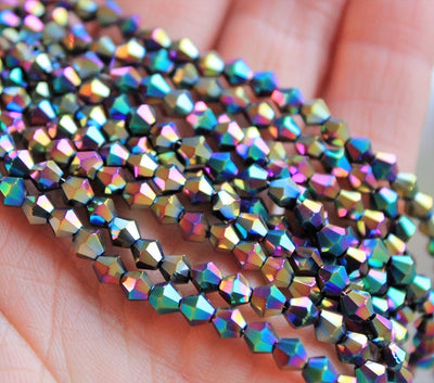 1 Strand of Electroplated Glass Bicones ~ 4mm ~ Rainbow ~ approx. 100 beads