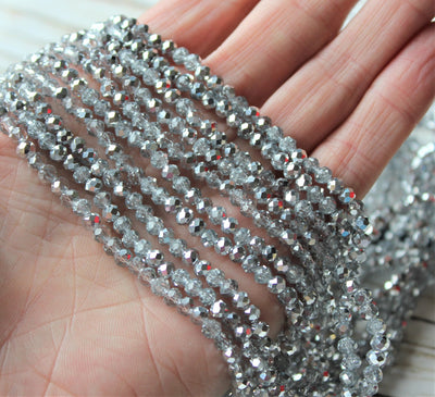 The Bead Store 4x3mm Faceted Glass Rondelle Beads ~ Half Silver Plated Crystal Clear ~ approx. 115 beads