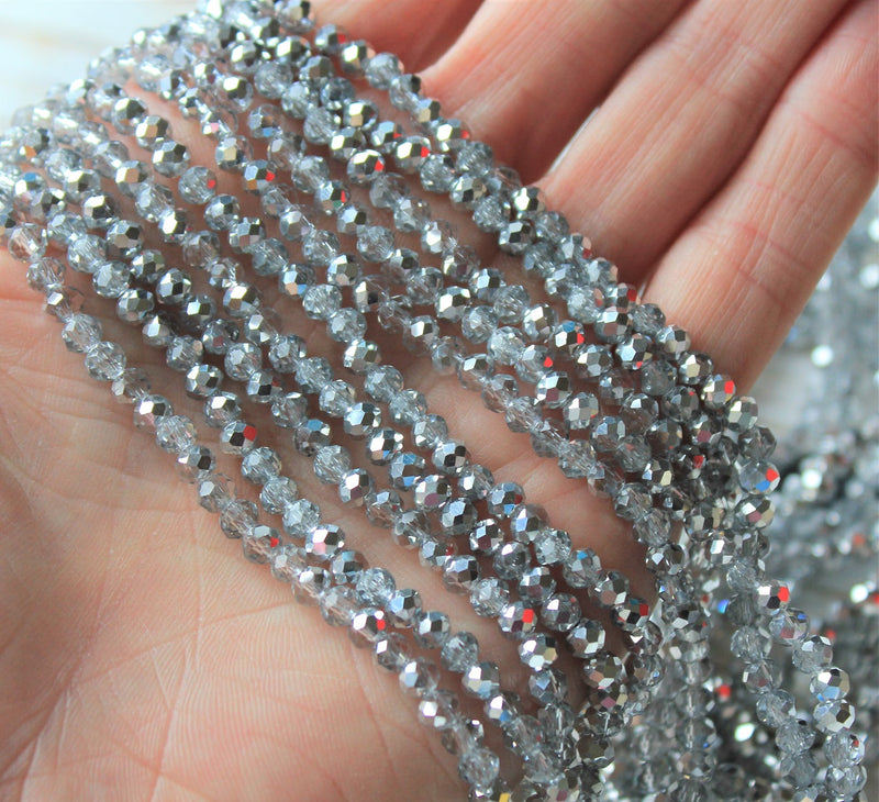 The Bead Store 4x3mm Faceted Glass Rondelle Beads ~ Half Silver Plated Crystal Clear ~ approx. 115 beads