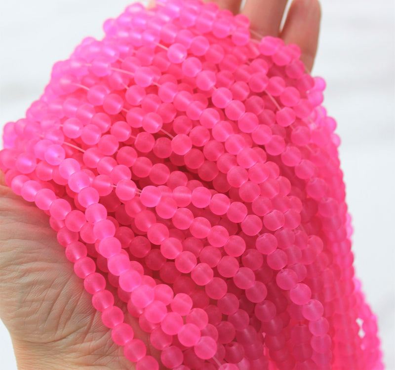 The Bead Store 6mm Round Frosted Glass Beads Deep Pink approx. 140 beads