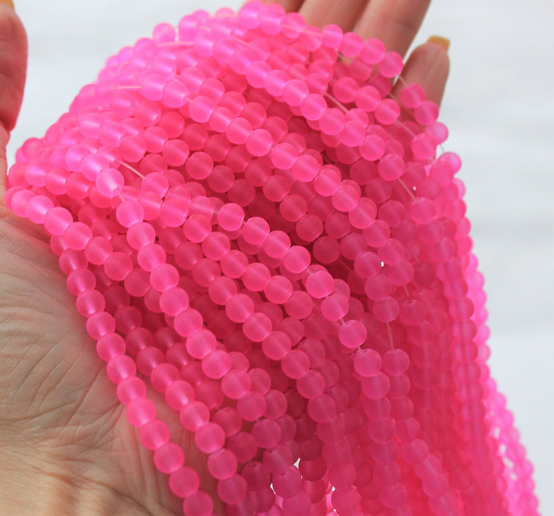 The Bead Store 6mm Round Frosted Glass Beads Deep Pink approx. 140 beads
