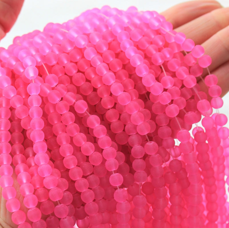 The Bead Store 6mm Round Frosted Glass Beads Deep Pink approx. 140 beads