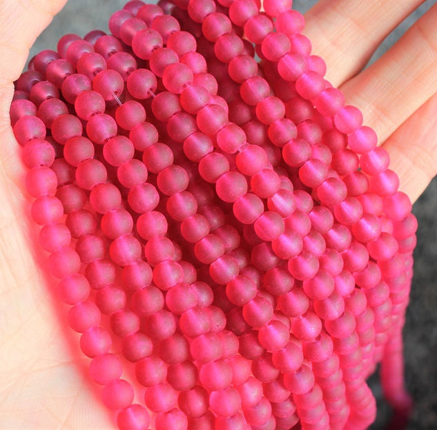 The Bead Store 6mm Round Frosted Glass Beads Raspberry approx. 140 beads 