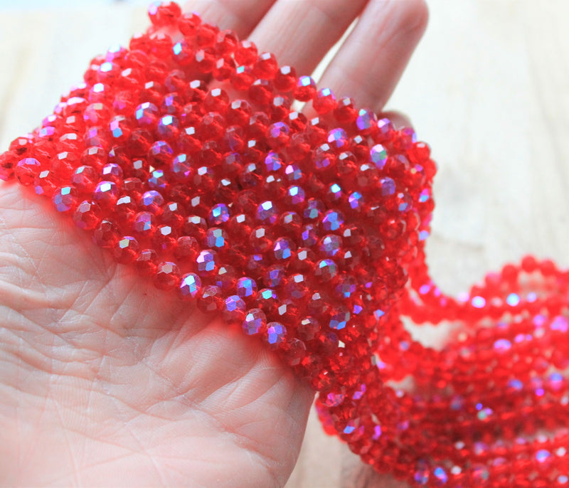 The Bead Store 6x5mm Electroplated Faceted Glass Rondelle Beads ~ Red AB ~ approx. 85 beads