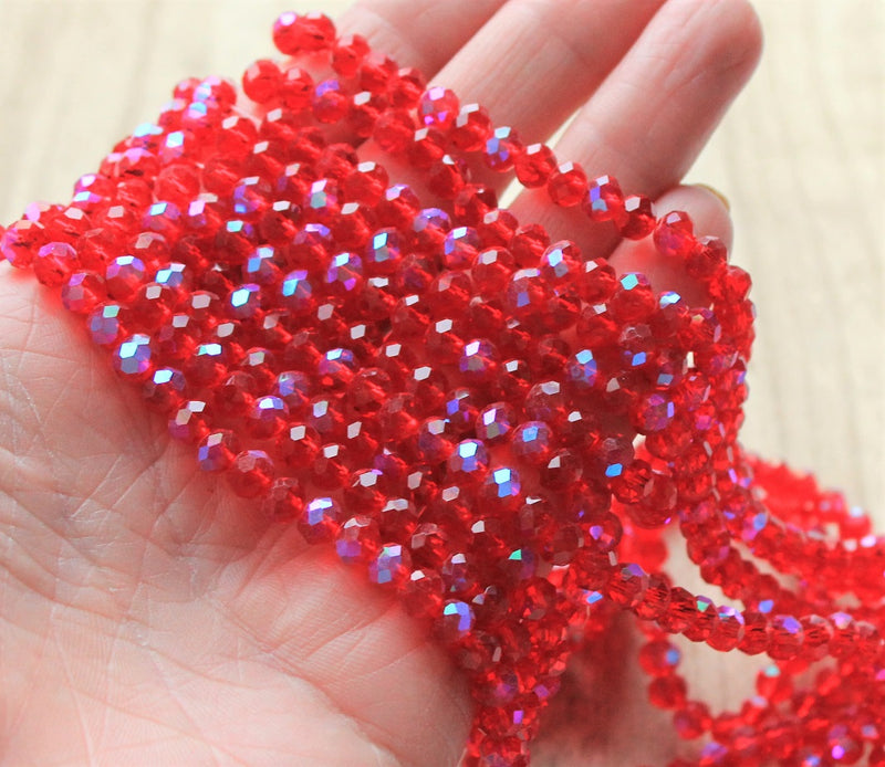 The Bead Store 6x5mm Electroplated Faceted Glass Rondelle Beads ~ Red AB ~ approx. 85 beads