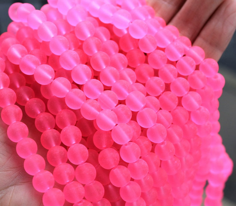 The Bead Store  8mm Round Frosted Glass Beads Hot Pink approx. 99 beads