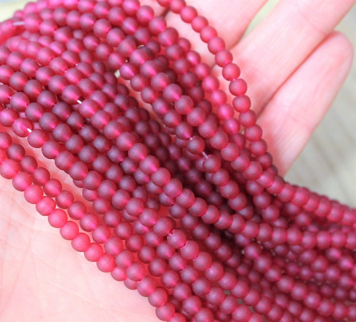 The Bead Store Frosted 4mm Round Glass Beads ~ Raspberry ~ approx. 200 beads