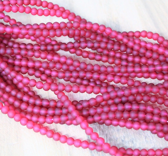 The Bead Store Frosted 4mm Round Glass Beads ~ Raspberry ~ approx. 200 beads