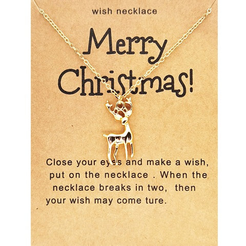 Gold Plated Christmas Reindeer Make a Wish Necklace