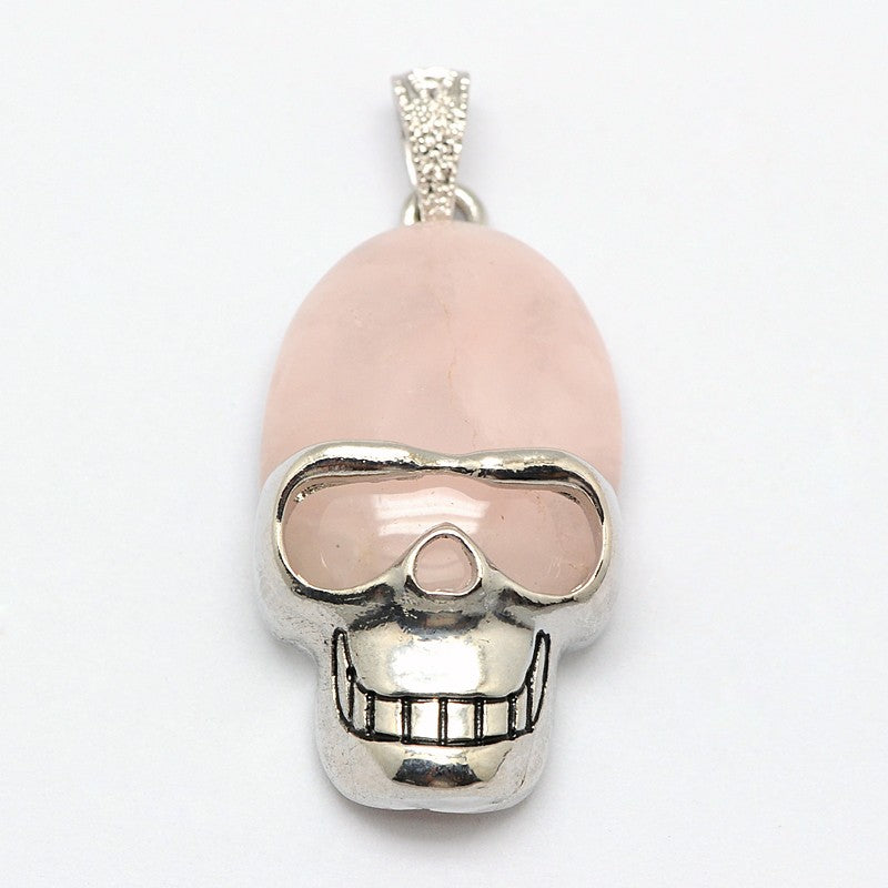 Natural Semi-Precious Gemstone Skull Pendant ~ Retro Style ~ 43x23mm ~ Rose Quartz
