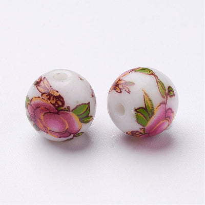 10mm Round Ceramic Beads ~ Flower ~ 4 beads - pack