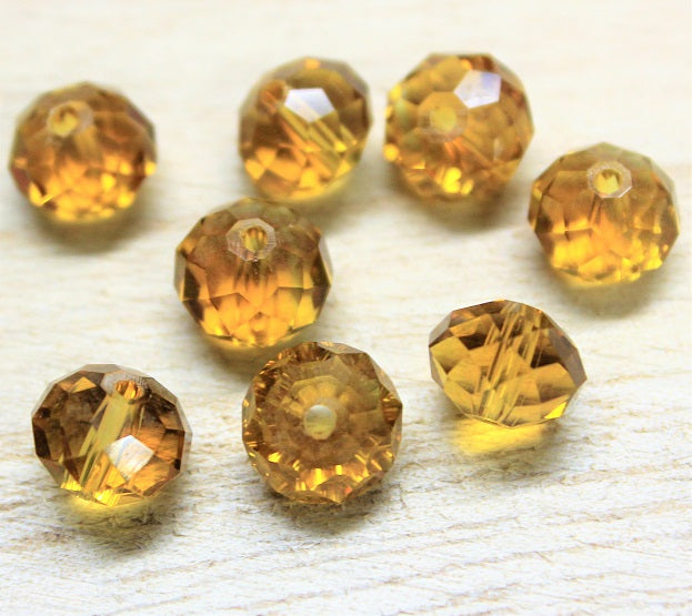 10 x Handmade Crystal Glass Faceted Rondelle Beads ~ 10x8mm ~ Amber Colour