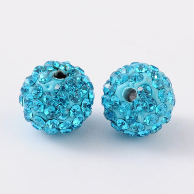 2 x Polymer Clay Rhinestone Beads ~ 10mm Round ~ Aquamarine