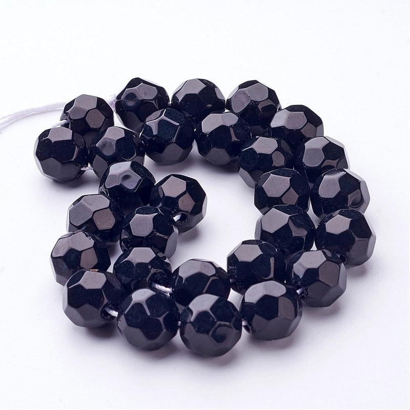 1 String of 12mm Round Faceted Glass Beads ~ Black ~ approx. 28 beads