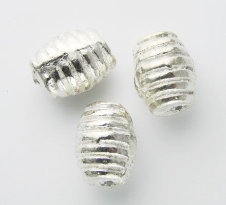 3 x Silver Metal Ribbed Barrel Beads ~ 20x14mm