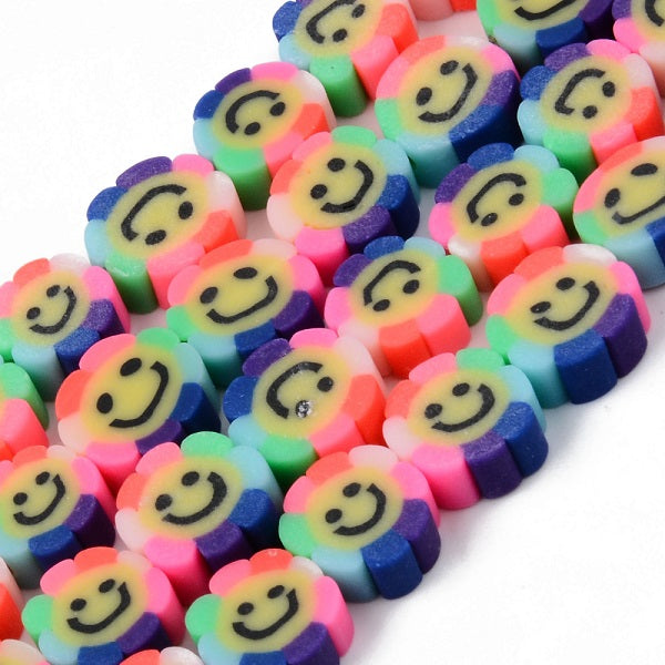 1 Strand of Handmade Polymer Clay Beads ~ Flower with Smiley Face ~Multicolour ~ approx. 38 beads