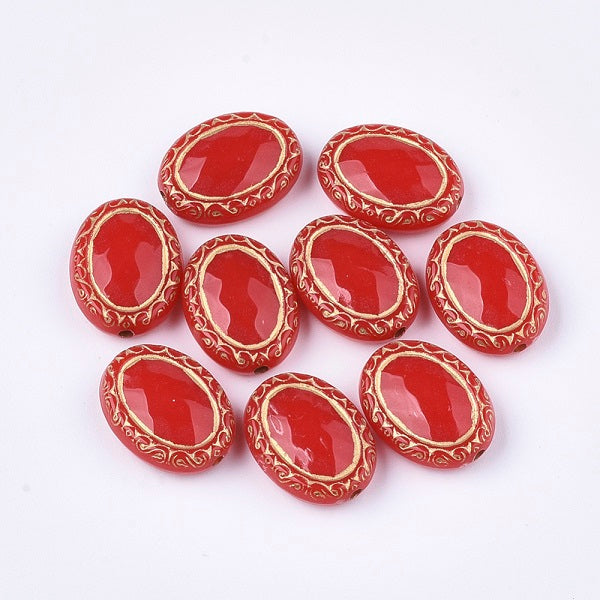 17x13mm Acrylic Oval Beads ~ Red and Gold ~ Pack of 2