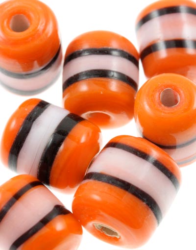 10 x Striped Mini Beads ~ Barrel ~ Orange-Black