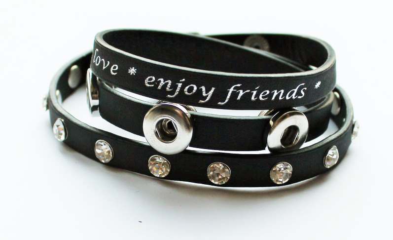 Mini Snap Button Wrap Bracelet with Rhinestones ~ Black ~ Fits MINI 12mm Snap Buttons