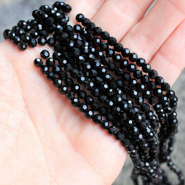 4mm Round Faceted Glass Beads ~ Black ~ 98 beads/string