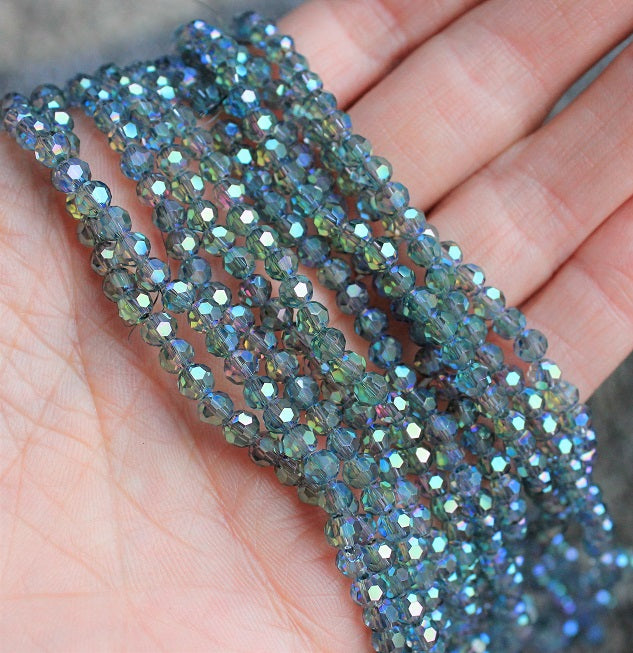 4mm Round Electroplated Faceted Crystal Glass Beads ~ Green Rainbow Plated ~ 95 beads/string