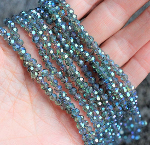4mm Round Electroplated Faceted Crystal Glass Beads ~ Green Rainbow Plated ~ 95 beads/string