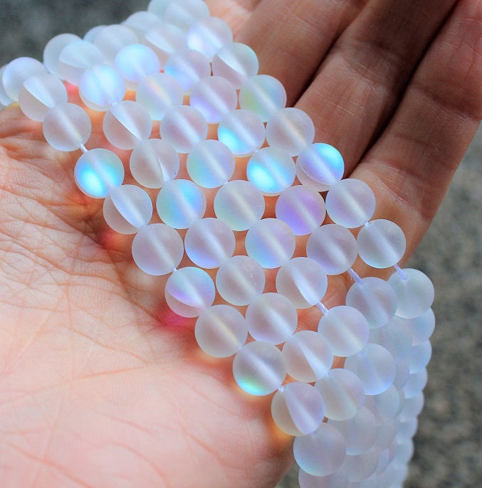 8mm Round Synthetic Moonstone Beads ~ Frosted White AB ~ 10 Beads