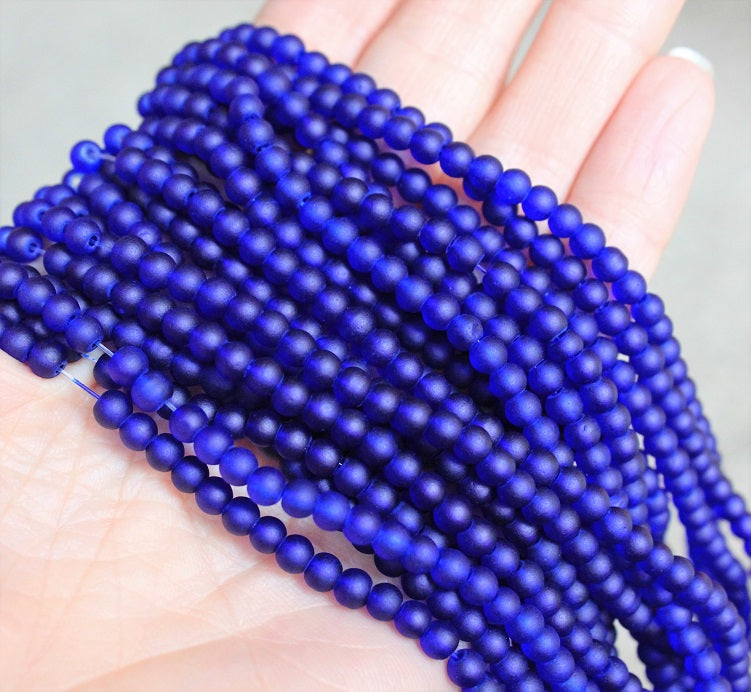 1 Strand of Frosted 4mm Round Glass Beads ~ Blue ~ approx. 200 beads
