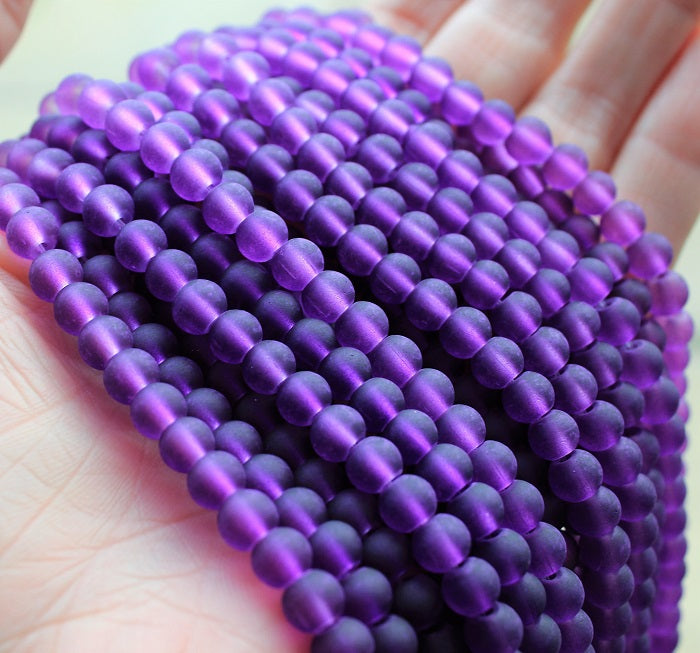 1 Strand of Frosted 6mm Round Glass Beads ~ Purple ~ approx. 140 beads