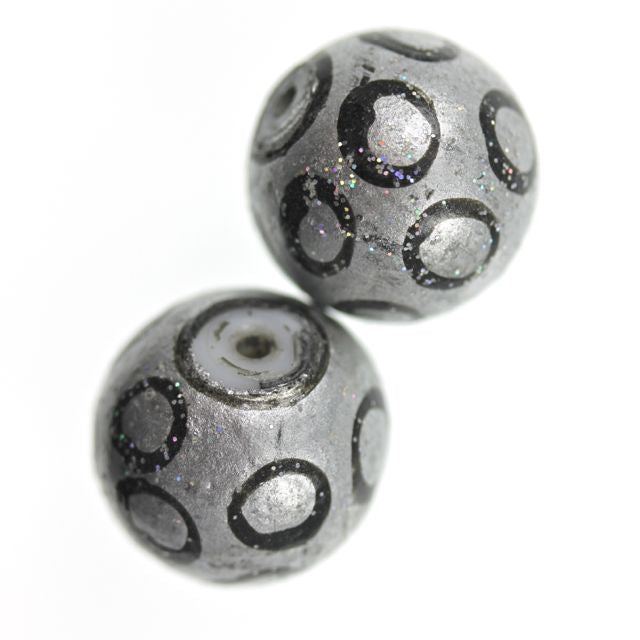 3 x Handpainted Glass Beads ~ Silver Dots