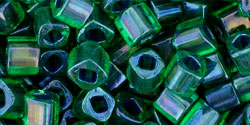 TOHO 4mm  Cube Beads ~ 10g ~ Inside-Colour Rainbow Peridot-Opaque Green Lined