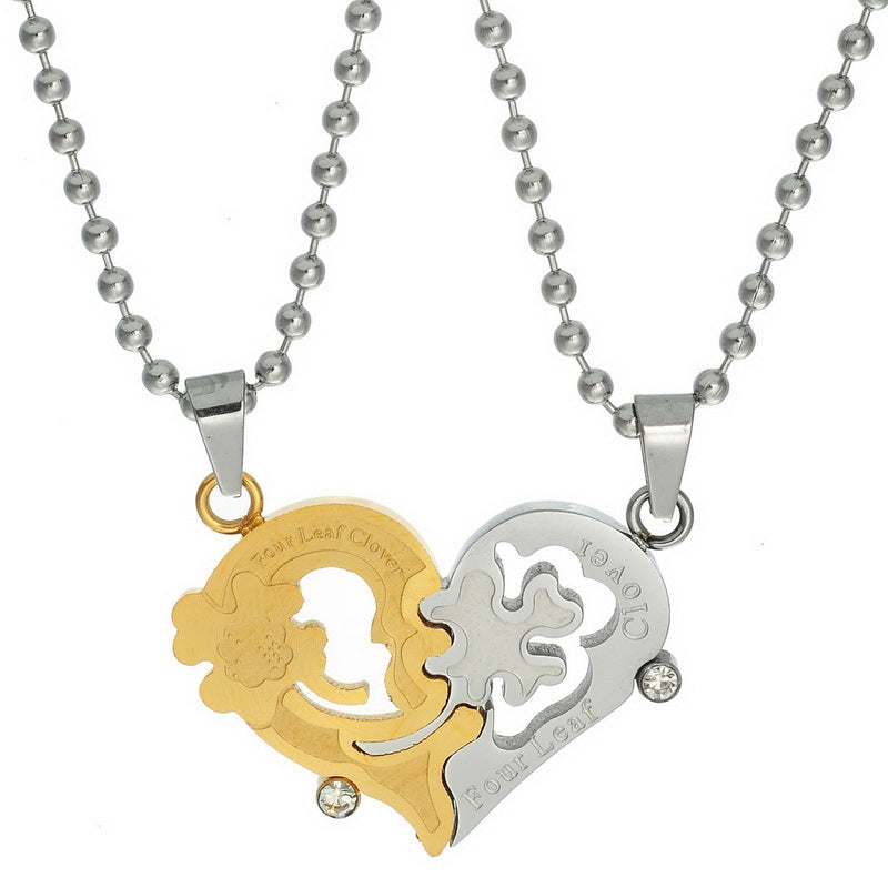 1 Pair of Stainless Steel Ball Chain Necklaces ~ Two Tone Four Leaf Clover Couple Heart Pendants