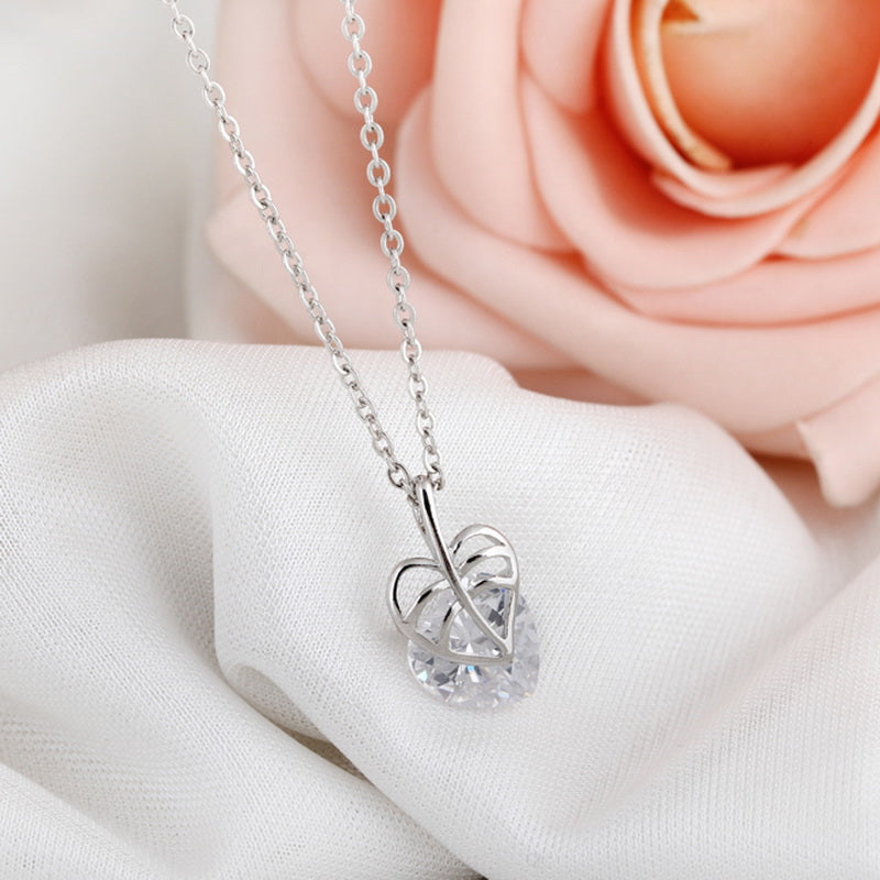 18K White Gold Plated Chain Necklace with White Zircon ~ Leaf
